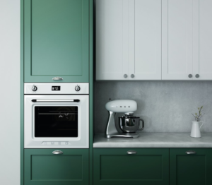 Modern kitchen with green and white cabinets