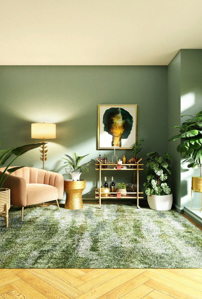 An image of a living room with green walls