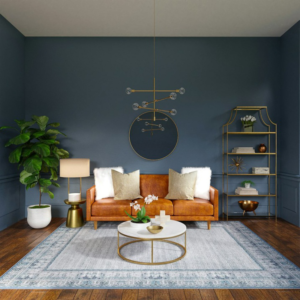 An image of a living room with blue walls